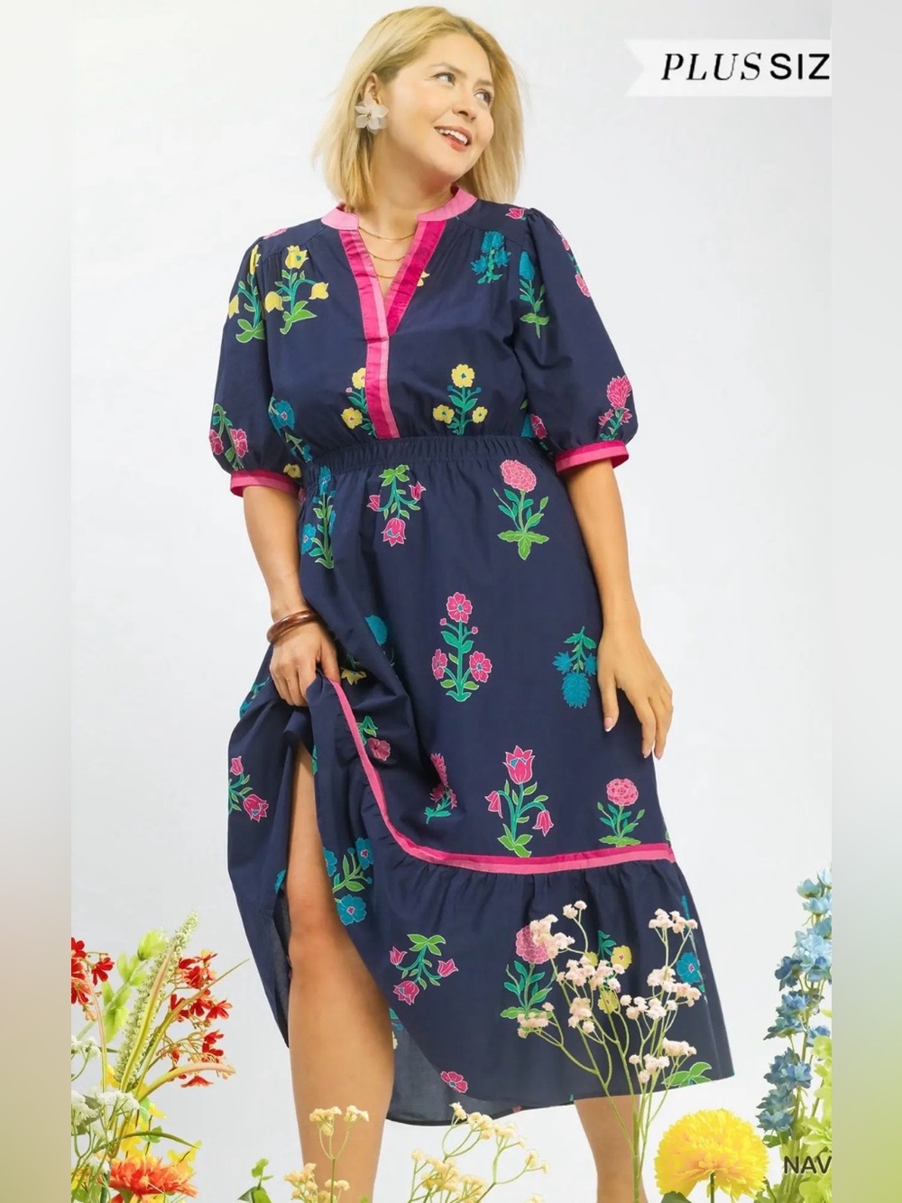New! Umgee Cotton Petal Parade Print Midi Dress Size X Large